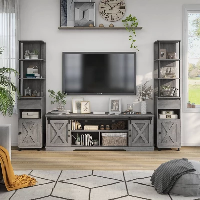 3pc Clander TV Stand And Bookcase Tower Set Vintage Gray Oak - HOMES: Inside + Out - Image 2