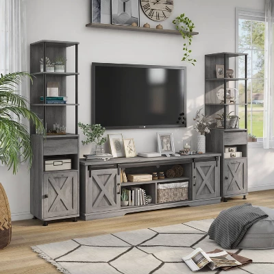 3pc Clander TV Stand And Bookcase Tower Set Vintage Gray Oak - HOMES: Inside + Out